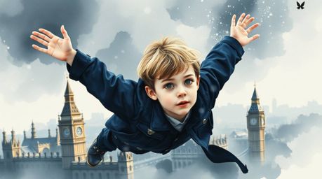 A delicate watercolor painting depicts a young boy with striking dark eyes and pale skin, soaring above London, propelled by