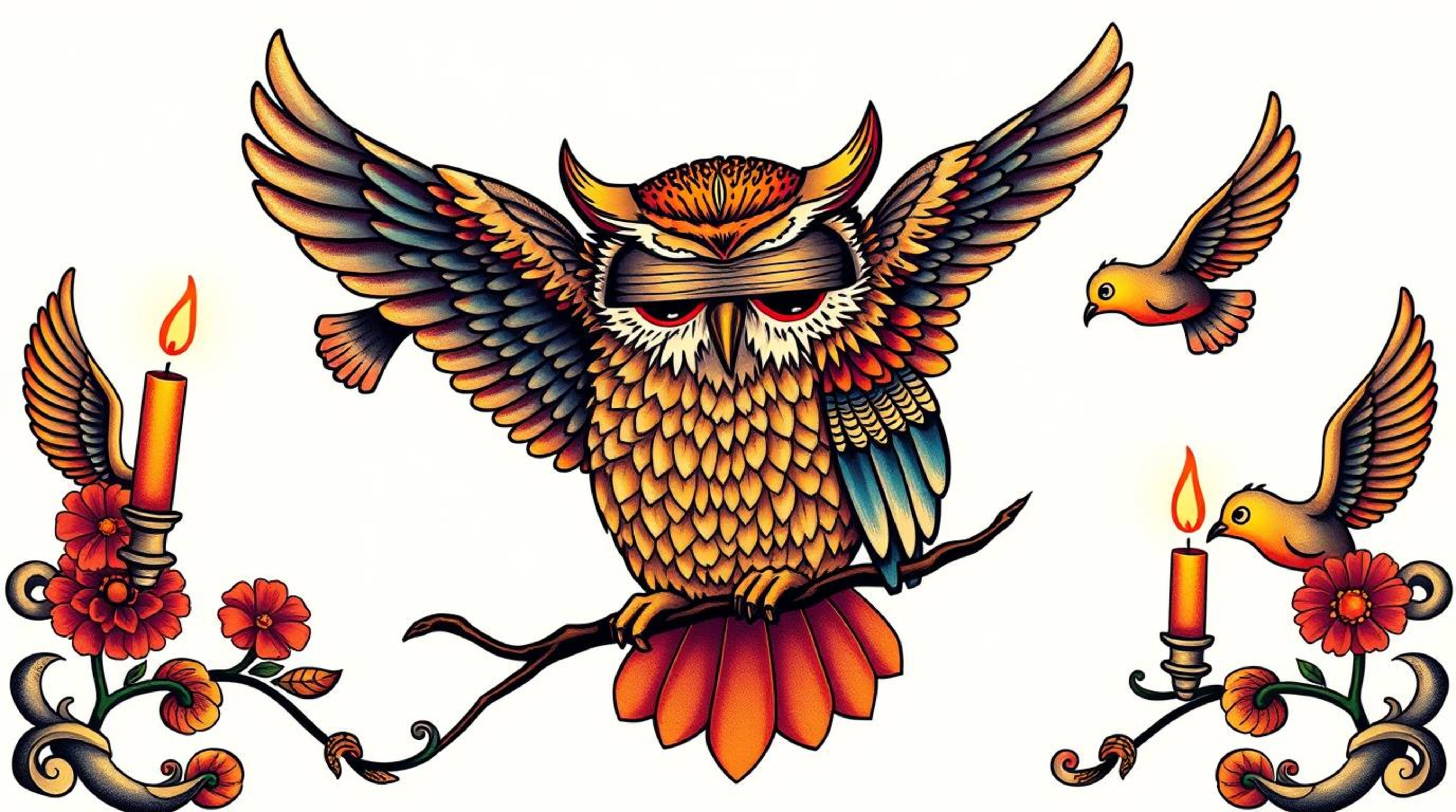 This artwork features a blind owl in a Pixar-inspired style, demonstrating the art of flight to a group of birds.  The scene 