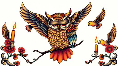 This artwork features a blind owl in a Pixar-inspired style, demonstrating the art of flight to a group of birds.  The scene 