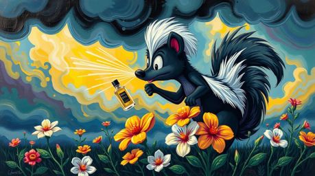 This captivating acrylic painting depicts a charming cartoon skunk playfully spraying perfume on delicate flowers under a dra