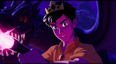 A charming but brooding prince, rendered in a captivating 1950s animation style, battles a fearsome dragon.  The scene is awa