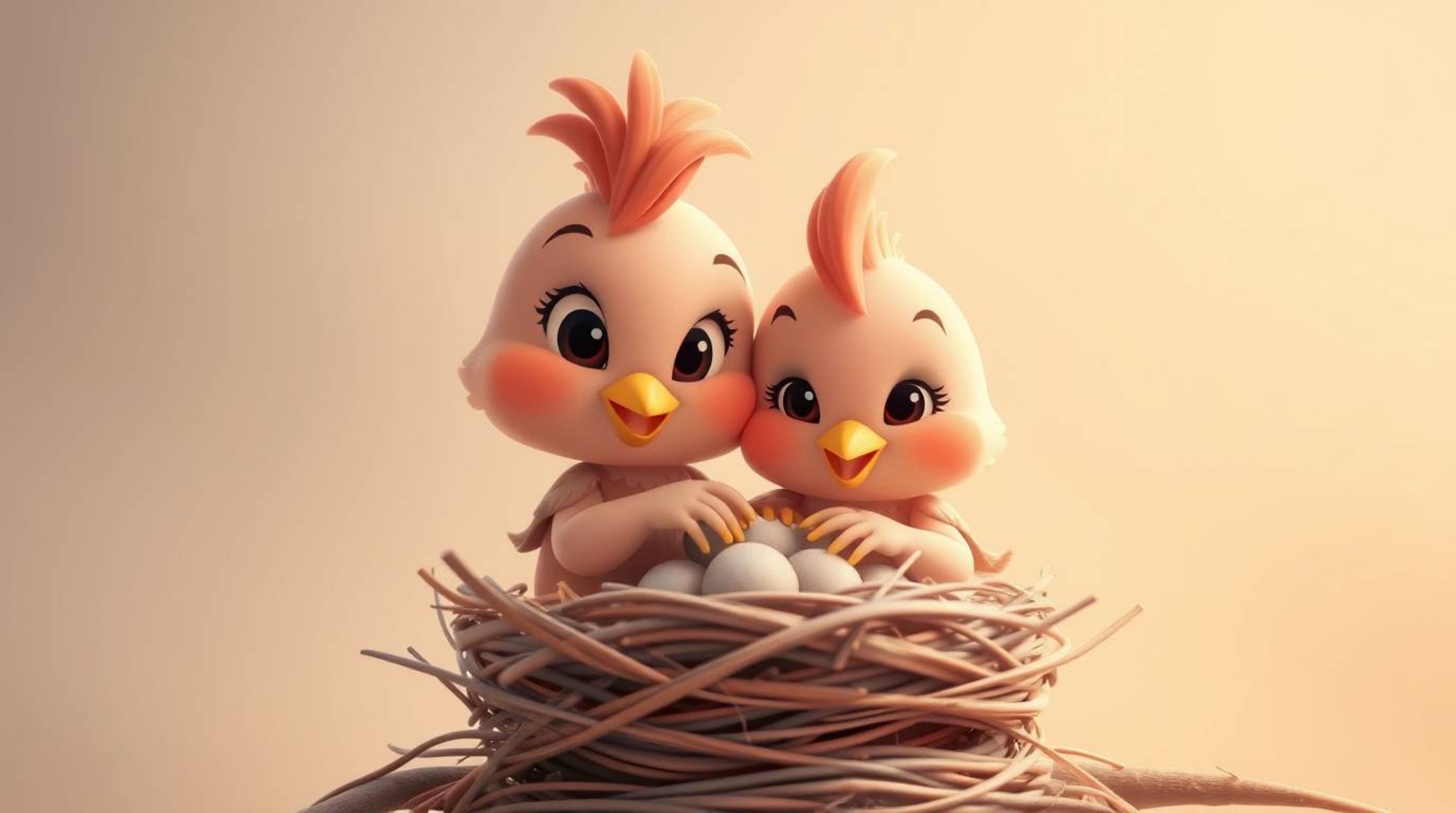 This professional photography captures the heartwarming scene of two cartoon birds diligently building their nest. Rendered i