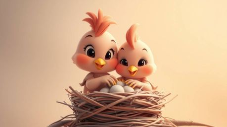 This professional photography captures the heartwarming scene of two cartoon birds diligently building their nest. Rendered i