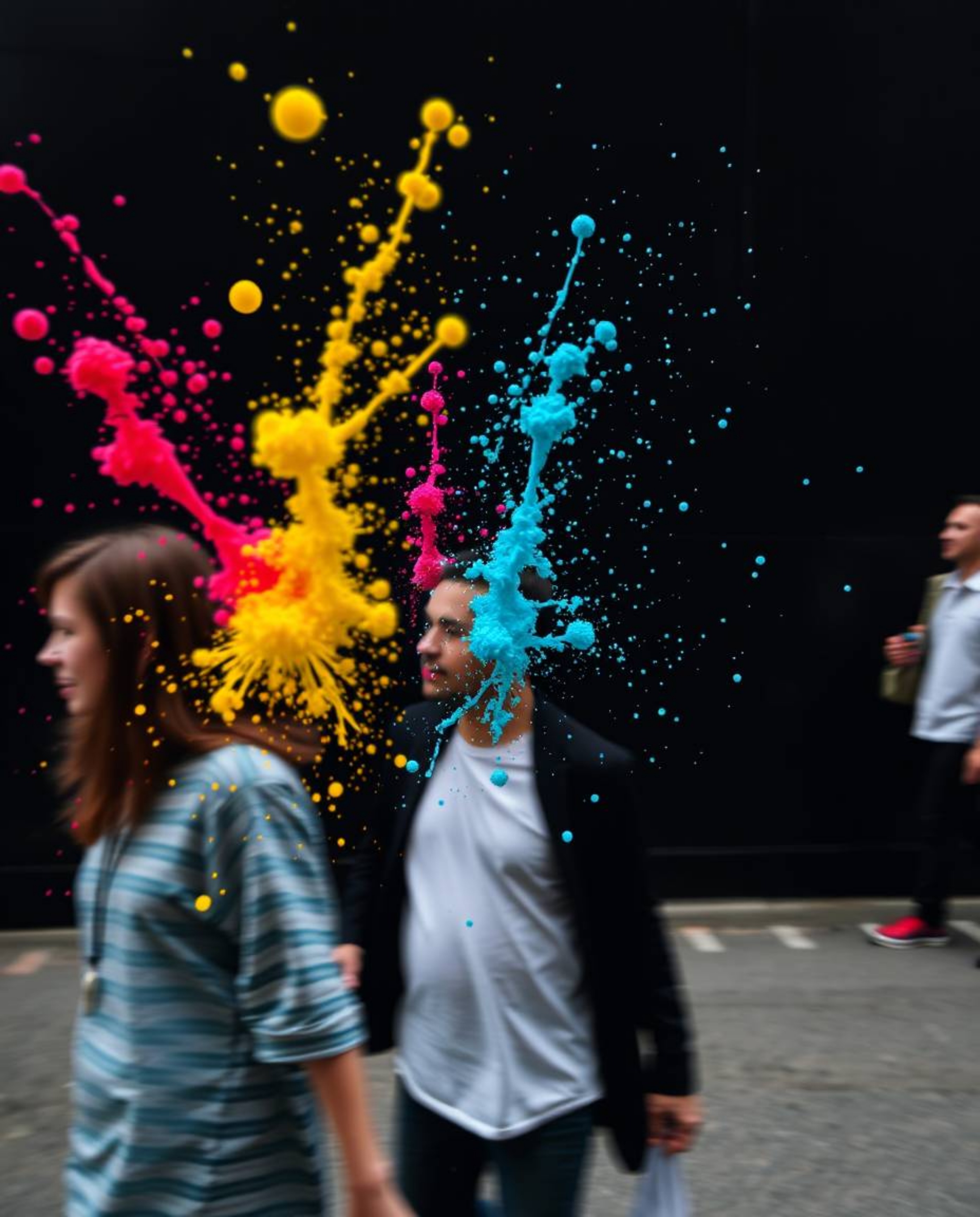 Explore candid street photography that captures dynamic, colorful splashes frozen in time against a stark black background. T