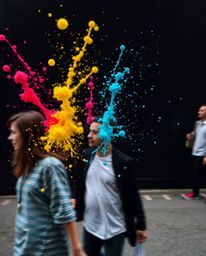 Explore candid street photography that captures dynamic, colorful splashes frozen in time against a stark black background. T