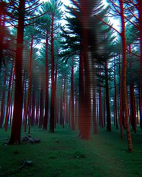 Experience a dramatic cinematic digital glitch effect transforming a serene forest scene.  Smooth gradient transitions and su