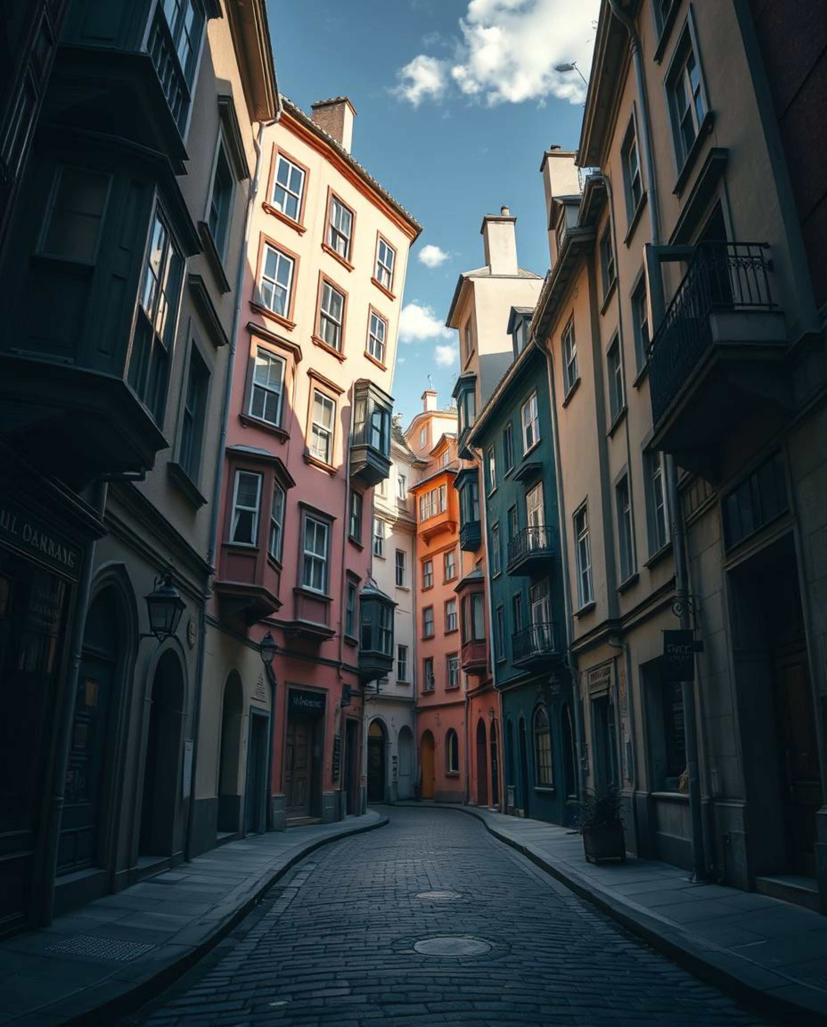 Discover a captivating surreal street scene featuring buildings that fold and twist dramatically under strong, harsh light.  