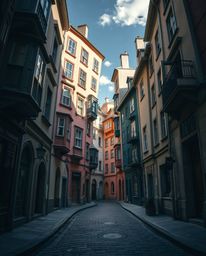 Discover a captivating surreal street scene featuring buildings that fold and twist dramatically under strong, harsh light.  