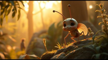 Embark on a whimsical adventure with a bug-sized hero as they explore a hazy backyard jungle, bathed in the warm, golden ligh
