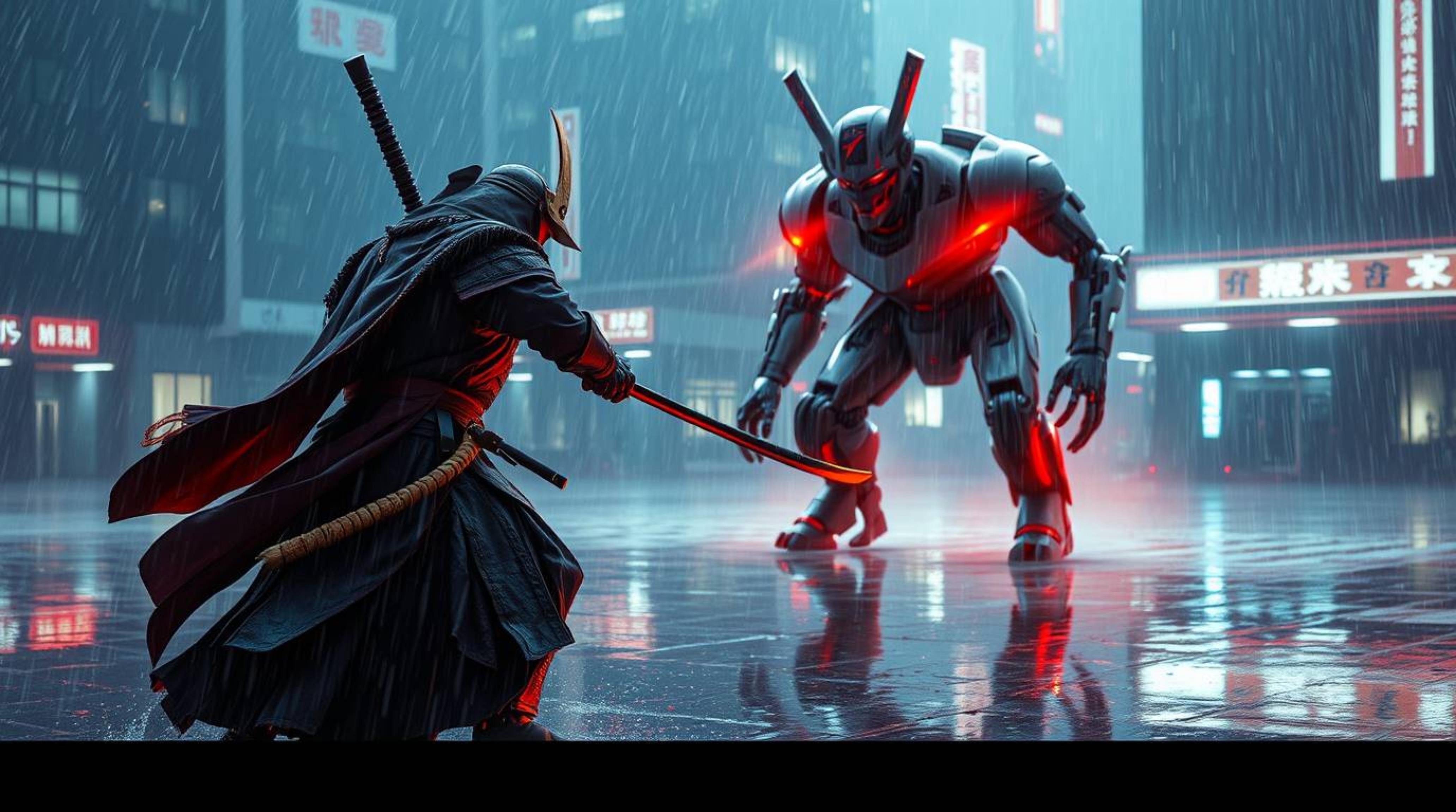 Witness a breathtaking clash between tradition and technology in a rain-drenched dystopian world. A lone samurai confronts a 