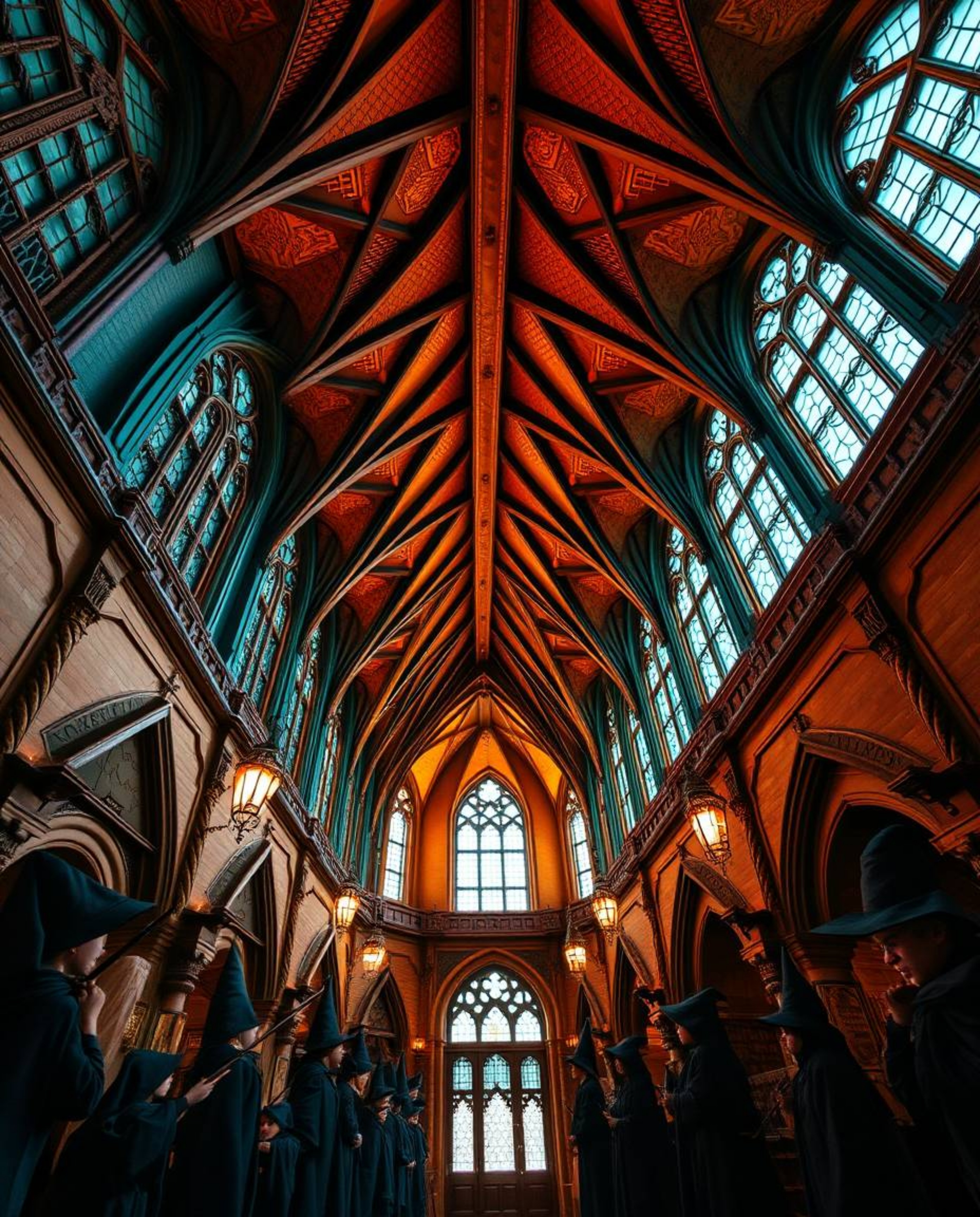 Immerse yourself in a breathtaking low angle view of a magical school teeming with young wizards.  The stunning contrast of w