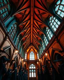 Immerse yourself in a breathtaking low angle view of a magical school teeming with young wizards.  The stunning contrast of w