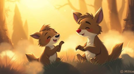 This illustration captures a whimsical scene of two talking animals engaged in playful mischief, bathed in a warm and invitin