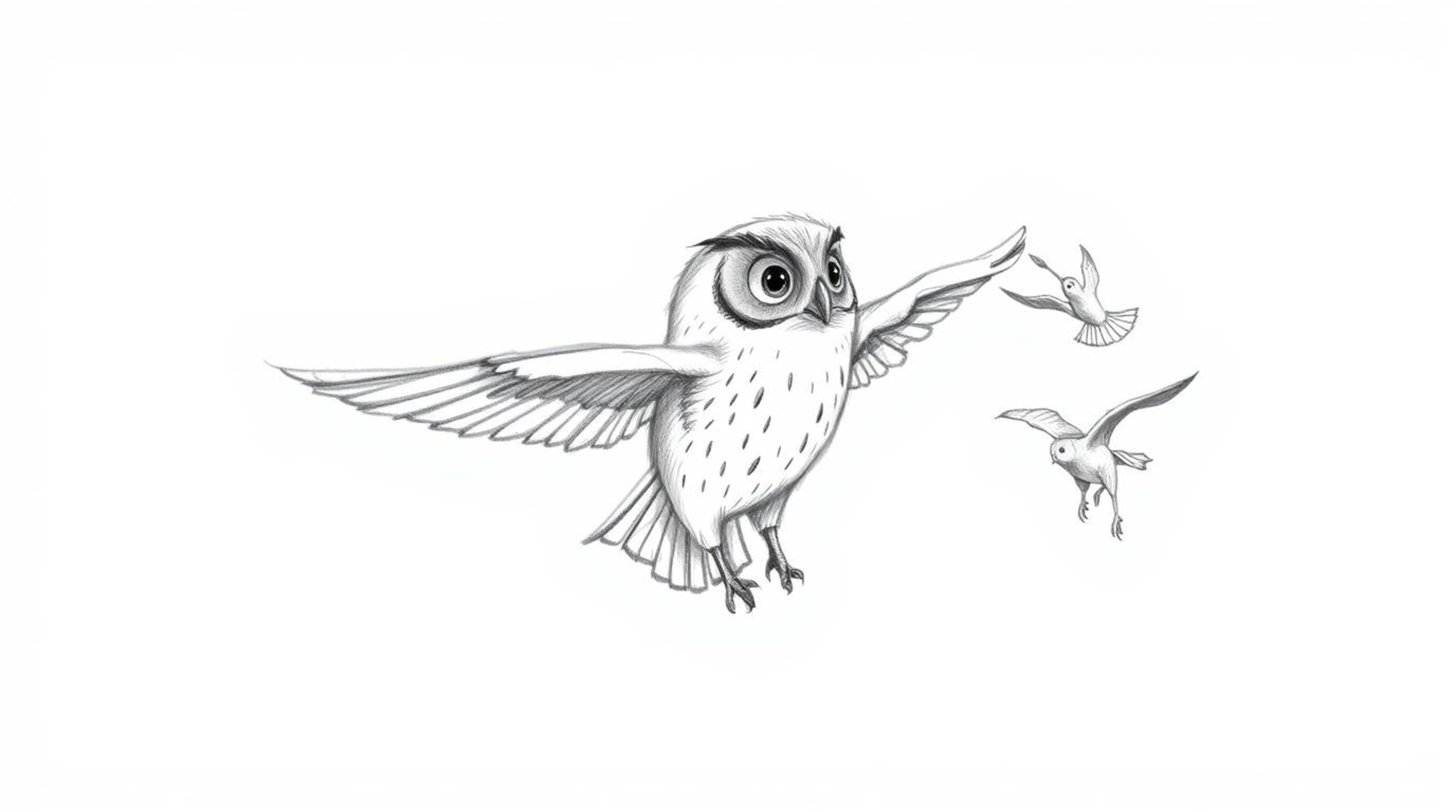 A heartwarming hand-drawn sketch in the style of Pixar depicts a blind owl patiently teaching birds to fly.  Soft pencil stro
