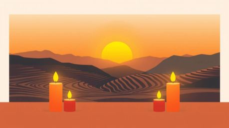 This artwork presents a modern flat design depicting a serene sunset over picturesque rice terraces in the mountains. Simple 