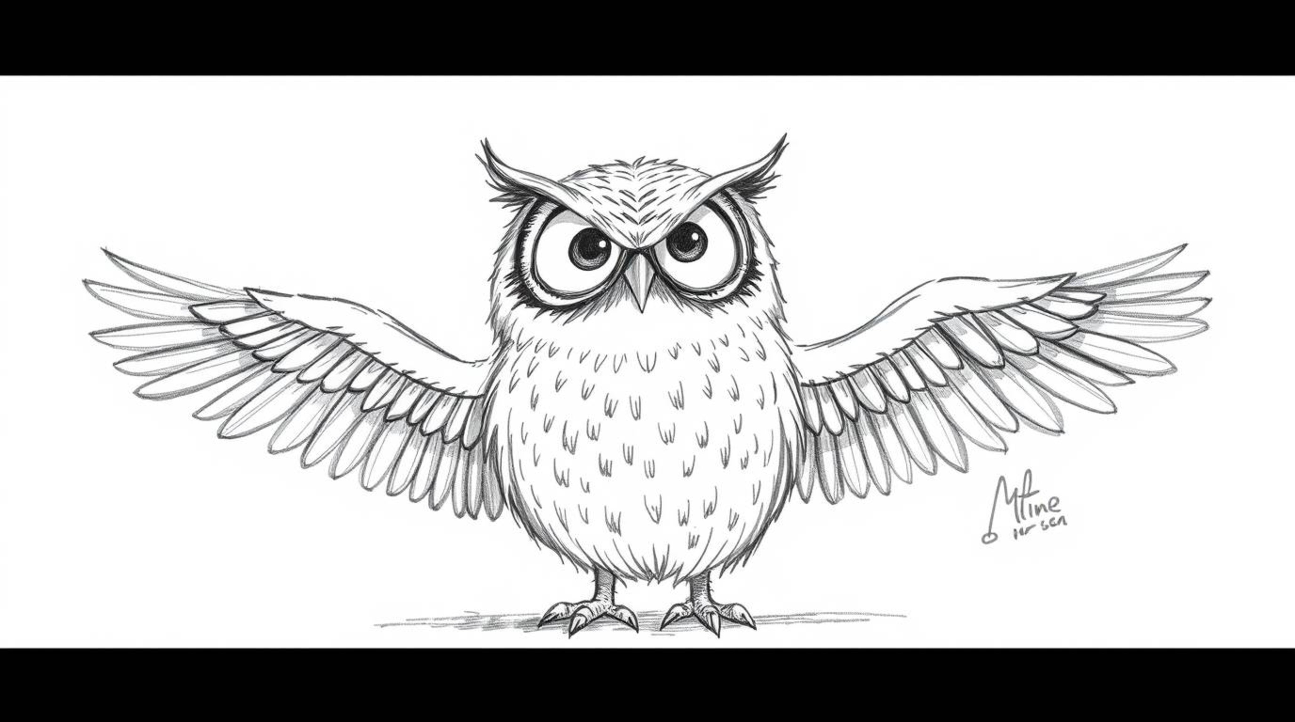 A heartwarming, whimsical sketch depicts a blind owl with soft, downy feathers leading a group of birds in flight. The birds,