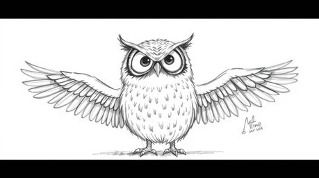 A heartwarming, whimsical sketch depicts a blind owl with soft, downy feathers leading a group of birds in flight. The birds,