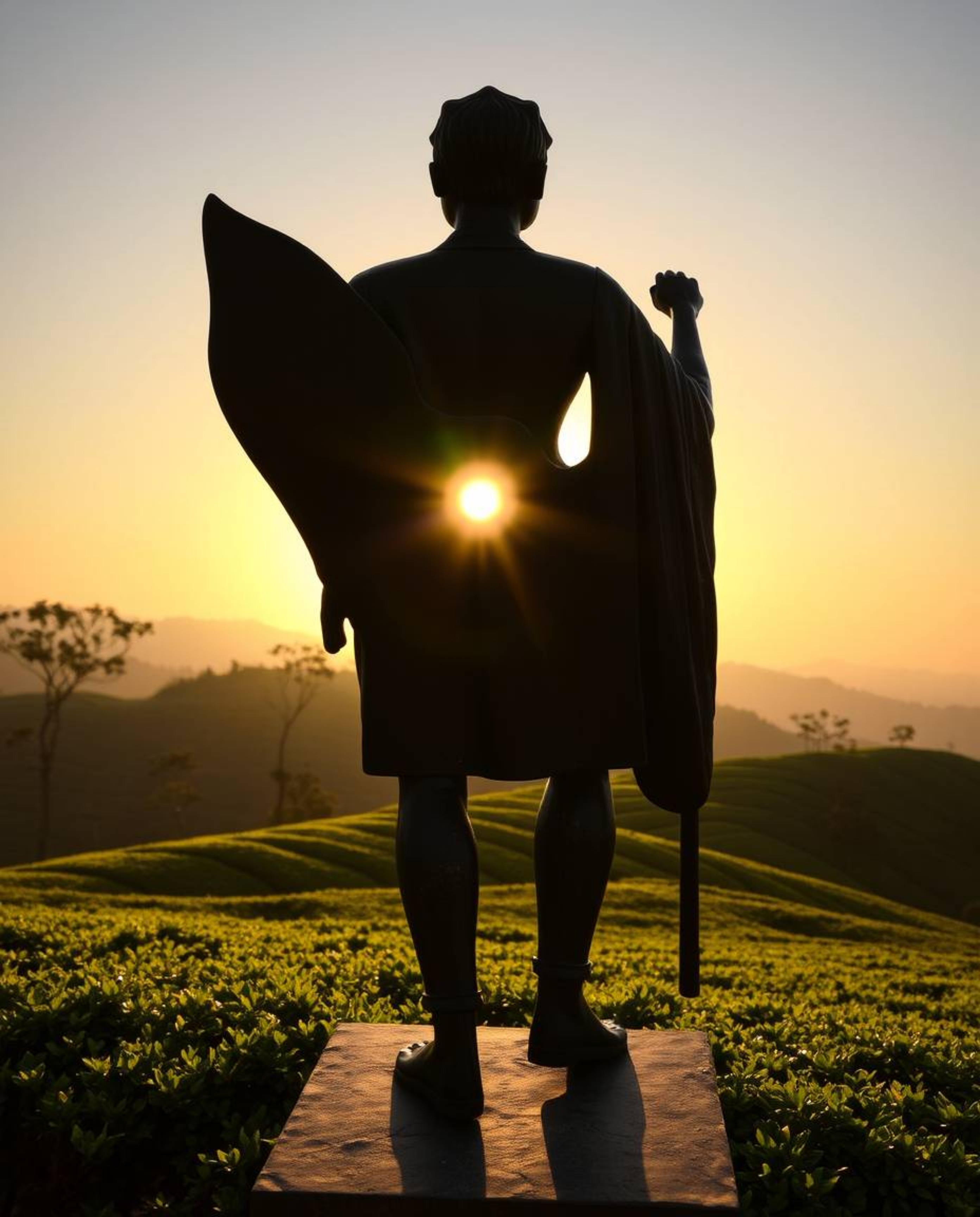 This is a striking cast bronze sculpture, which is dramatically silhouetted against a backlit sunset over terraced tea planta