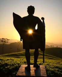 This is a striking cast bronze sculpture, which is dramatically silhouetted against a backlit sunset over terraced tea planta
