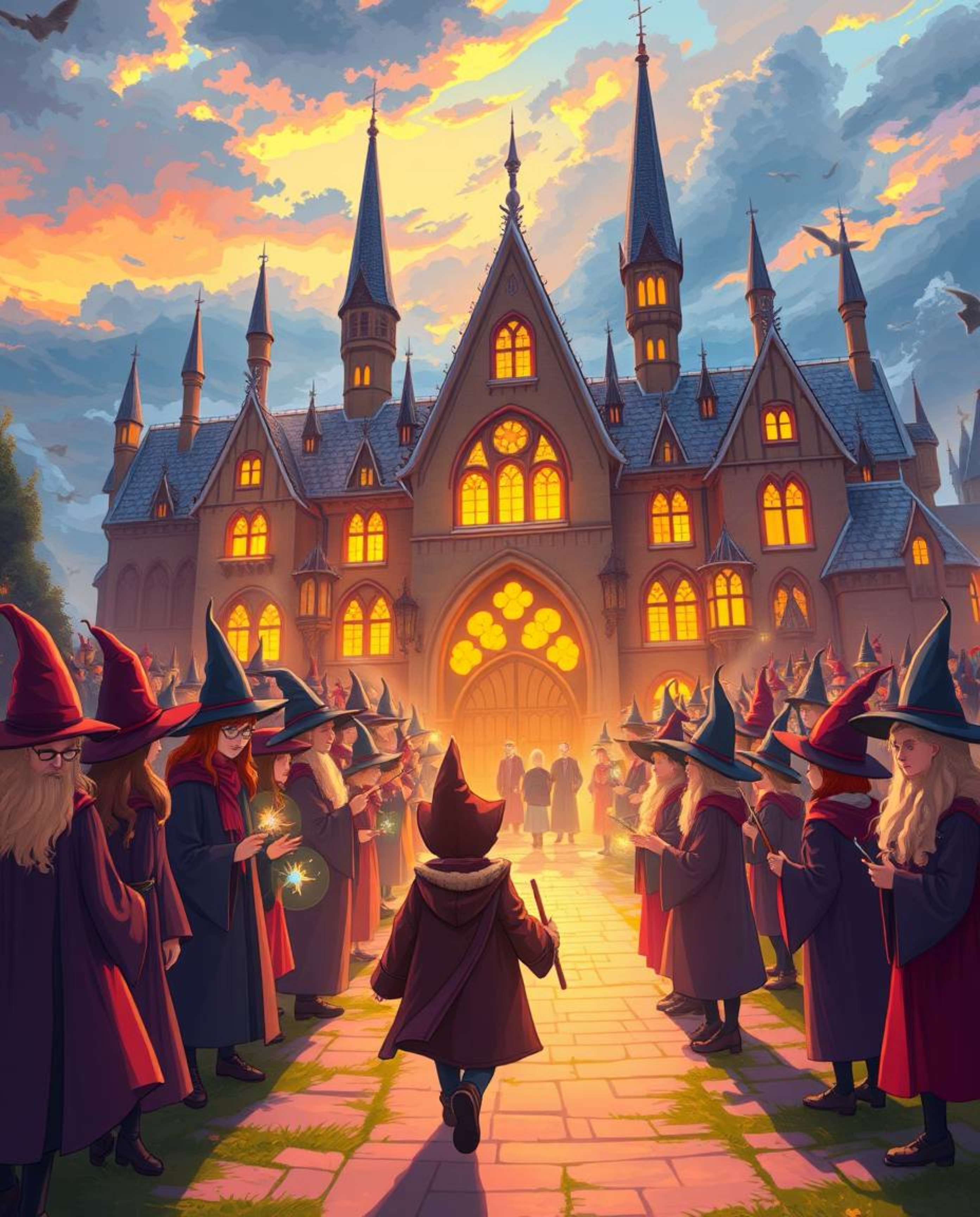 Immerse yourself in a vivid illustration of a magical school teeming with young wizards, bathed in the enchanting glow of the