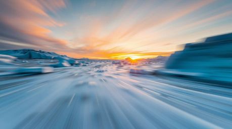 Experience the breathtaking beauty of a vibrant sunset over icy polar glaciers. This image showcases dynamic motion blur, cap