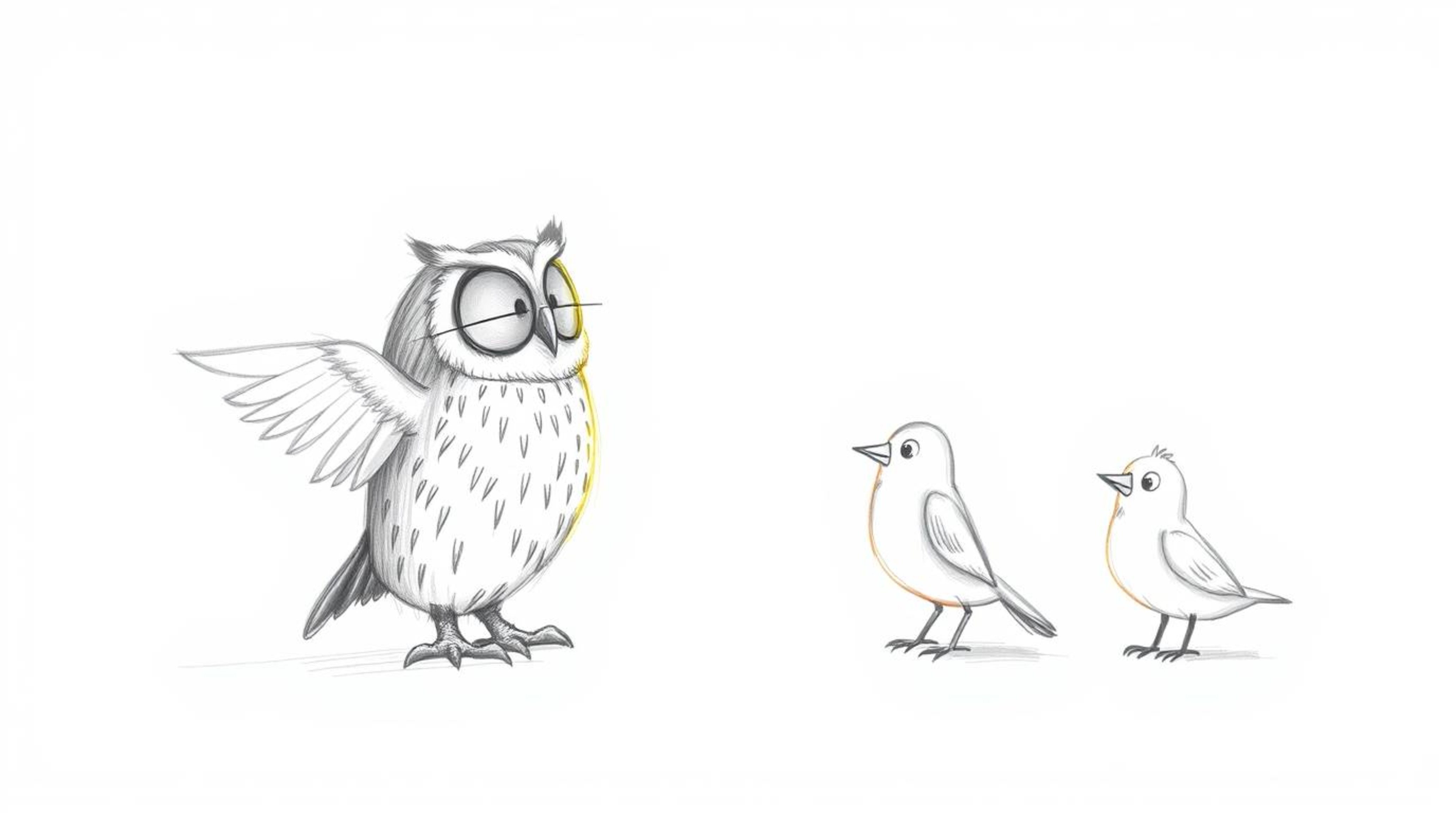 A whimsical, hand-drawn pencil sketch in the Pixar style depicting a blind owl instructing birds. The owl's feathers glow in 