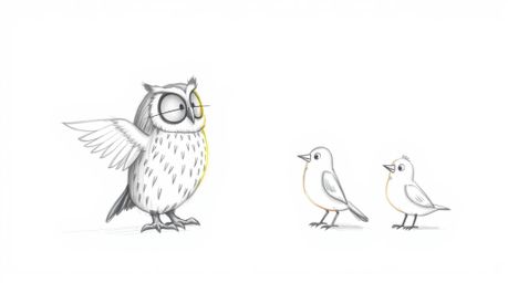 A whimsical, hand-drawn pencil sketch in the Pixar style depicting a blind owl instructing birds. The owl's feathers glow in 