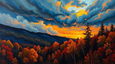 A bold acrylic painting captures the intense drama of an autumn forest at sunset.  Stormy skies and vibrant colors create a p