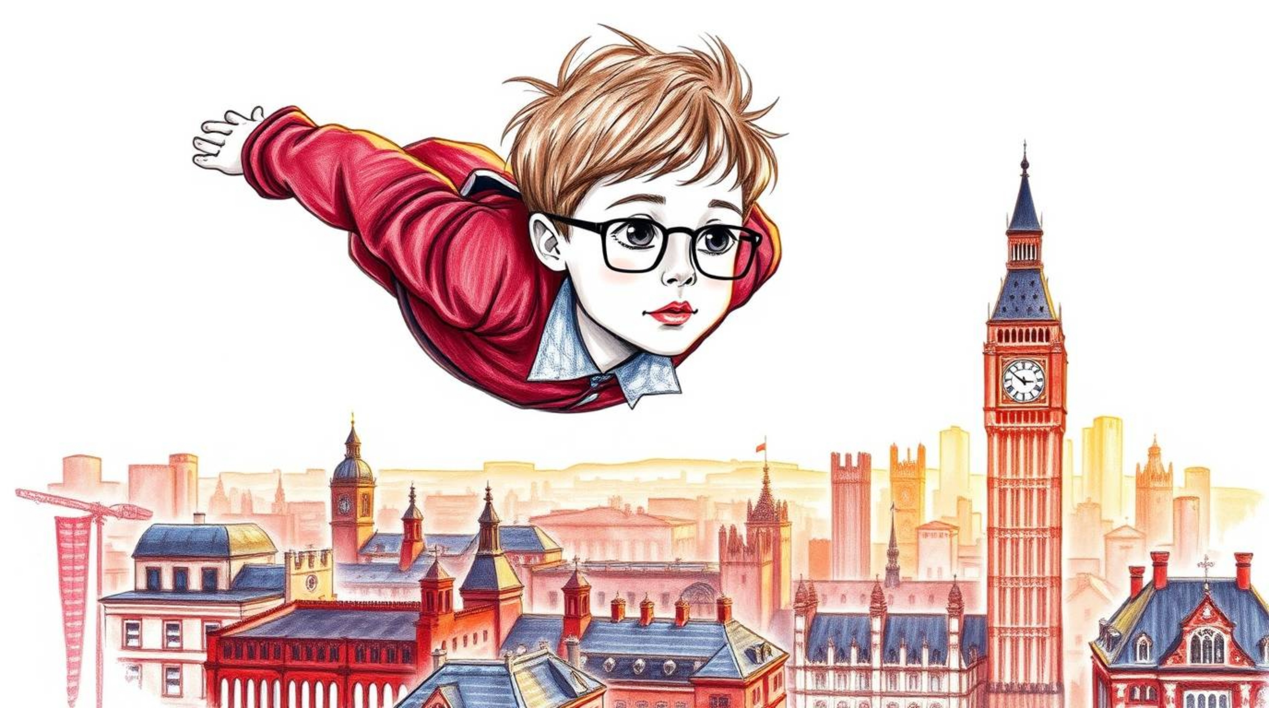 A captivating hand-drawn sketch depicts a young boy with refined features soaring above a vibrant London cityscape bathed in 