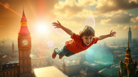 A captivating, surreal image depicts a young boy soaring through the air above a fantastical London, sprinkled with iridescen