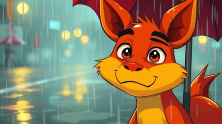 A captivating scene featuring a sarcastic animal sidekick with expressive eyes, set against a wet, rainy backdrop.  The warm 