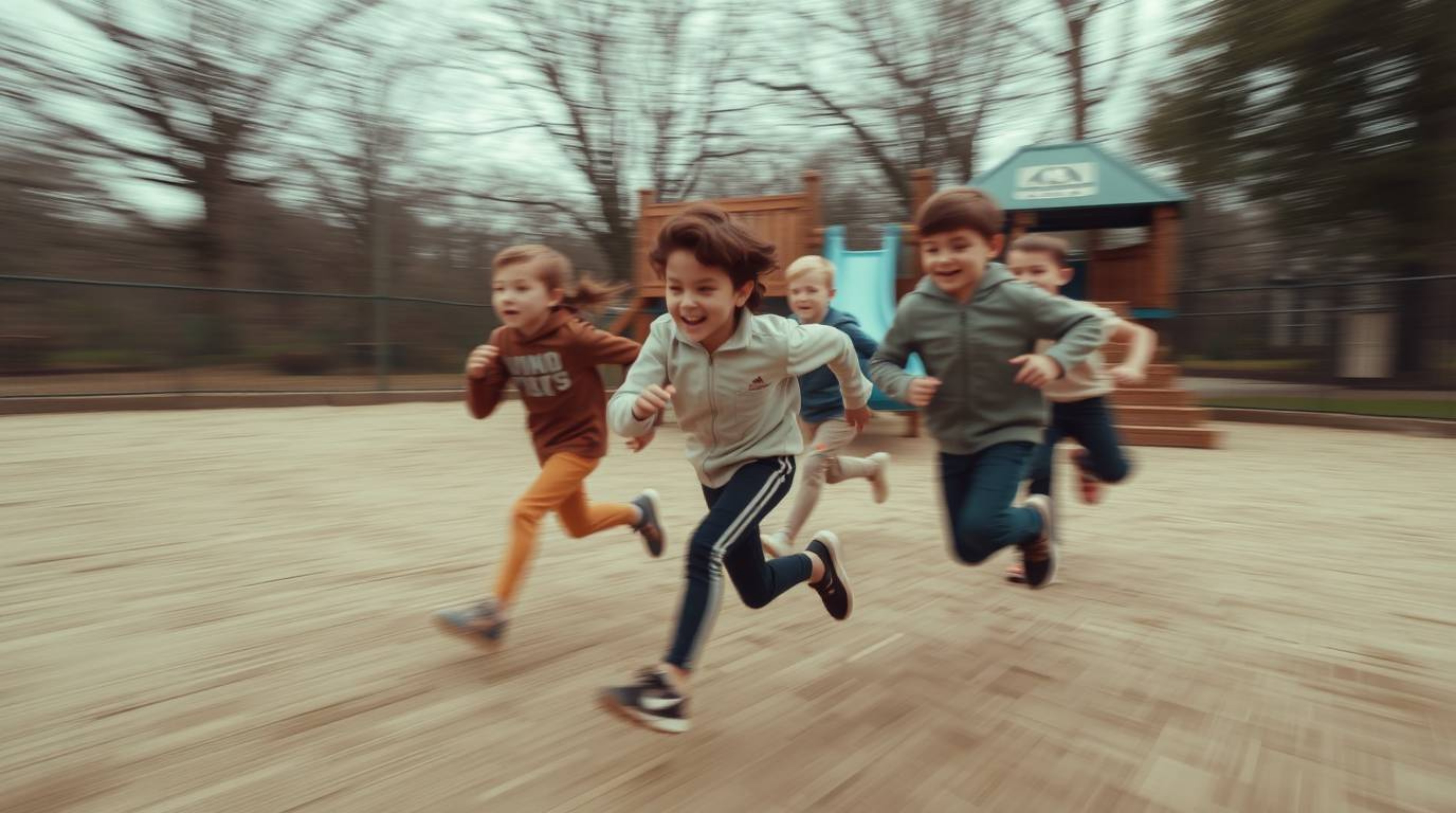 Experience a dramatic slow-motion run through a playground, rendered in a dynamic motion style.  Utilizing natural earth tone