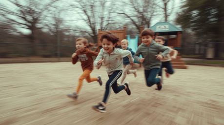 Experience a dramatic slow-motion run through a playground, rendered in a dynamic motion style.  Utilizing natural earth tone