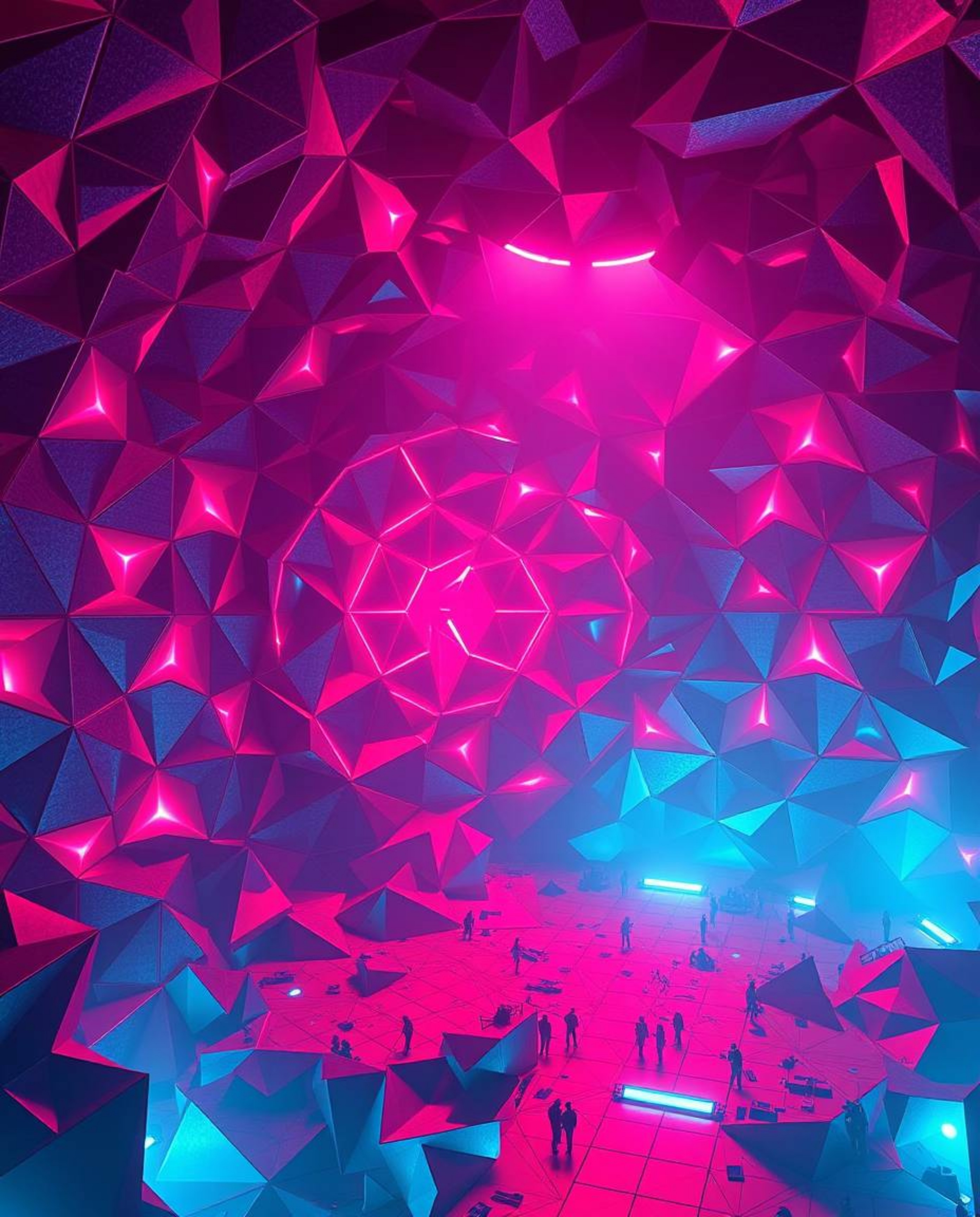 Experience an epic scene set in a modern future, showcasing intricate origami-style geometric patterns of hexagons and triang