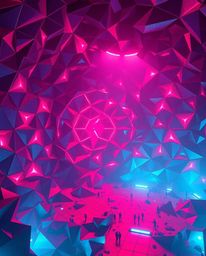 Experience an epic scene set in a modern future, showcasing intricate origami-style geometric patterns of hexagons and triang