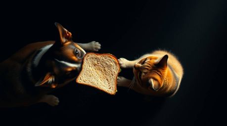 A captivating top-down shot captures a hilarious battle between a dog and a cat over an enormous sandwich.  Bathed in the war