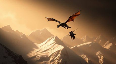 A breathtaking fantasy artwork depicting a dragon and its rider soaring above a majestic icy mountain range.  Rendered in mut