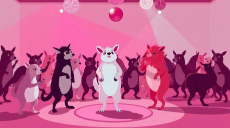 Experience a vibrant and surreal animal dance party rendered in a modern flat design.  Disco lights illuminate the scene in o