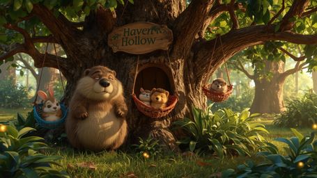 A high-resolution, commercially licensable stock photo shows a Pixar-inspired beaver building an intricately designed, whimsi