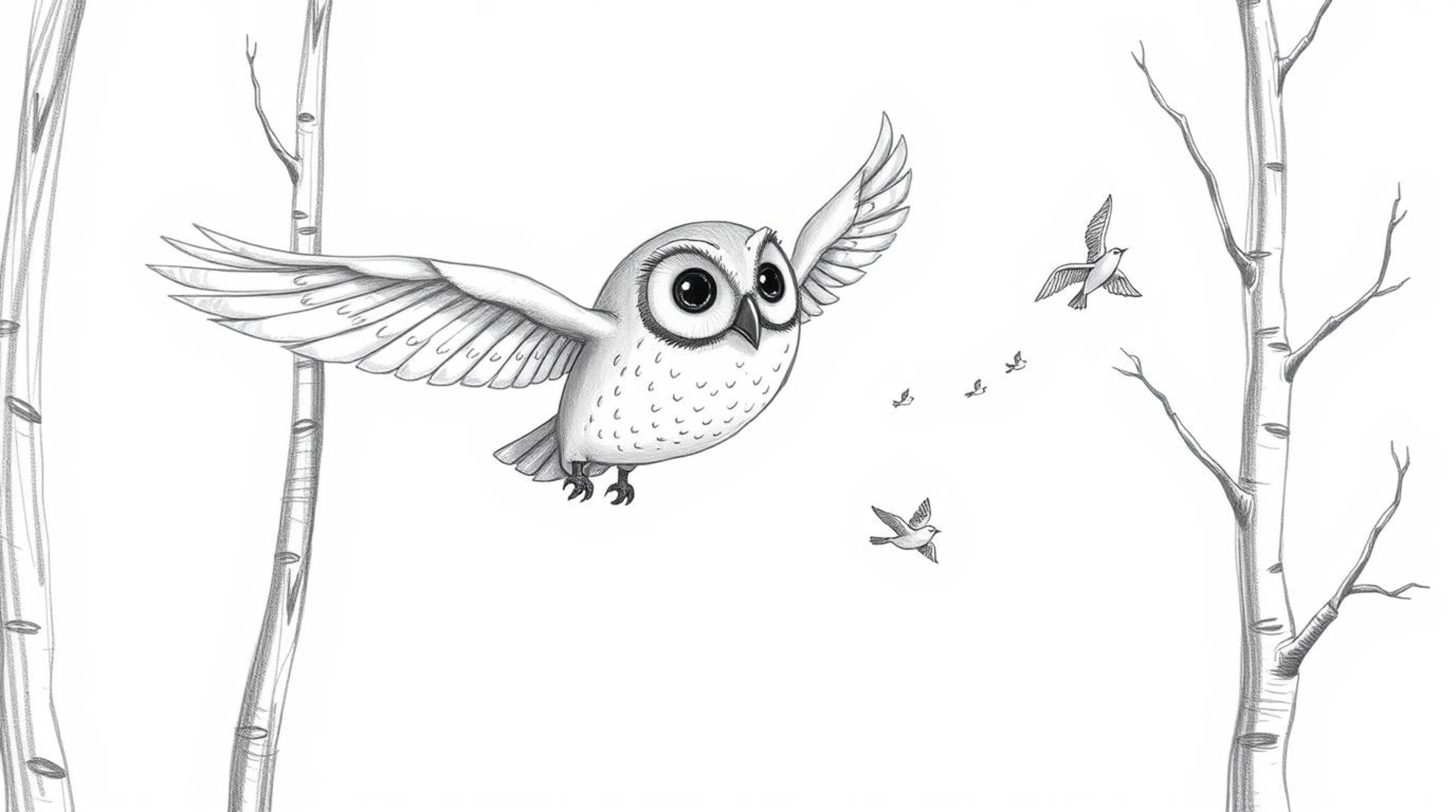A charming hand-drawn pencil sketch depicts a blind owl, rendered in the style of Pixar animation, gracefully gliding between
