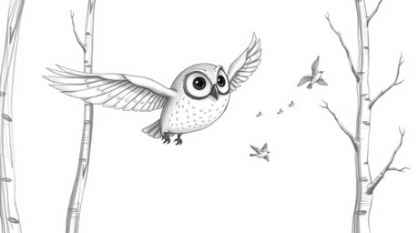 A charming hand-drawn pencil sketch depicts a blind owl, rendered in the style of Pixar animation, gracefully gliding between