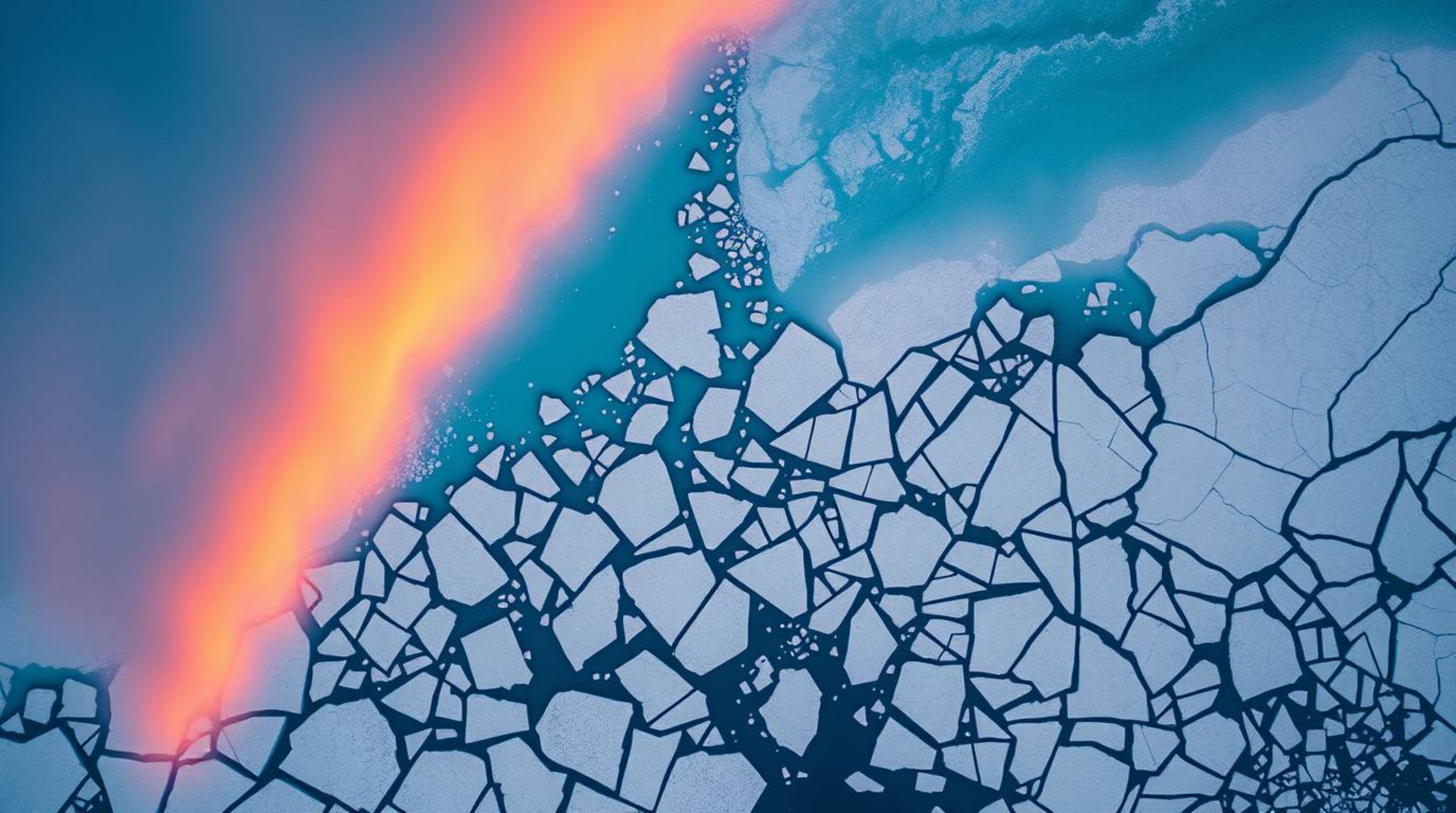 Experience the breathtaking contrast of warm terracotta and cool teal hues at sunset over icy polar glaciers. This stunning o
