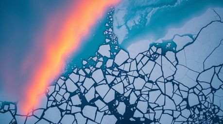 Experience the breathtaking contrast of warm terracotta and cool teal hues at sunset over icy polar glaciers. This stunning o