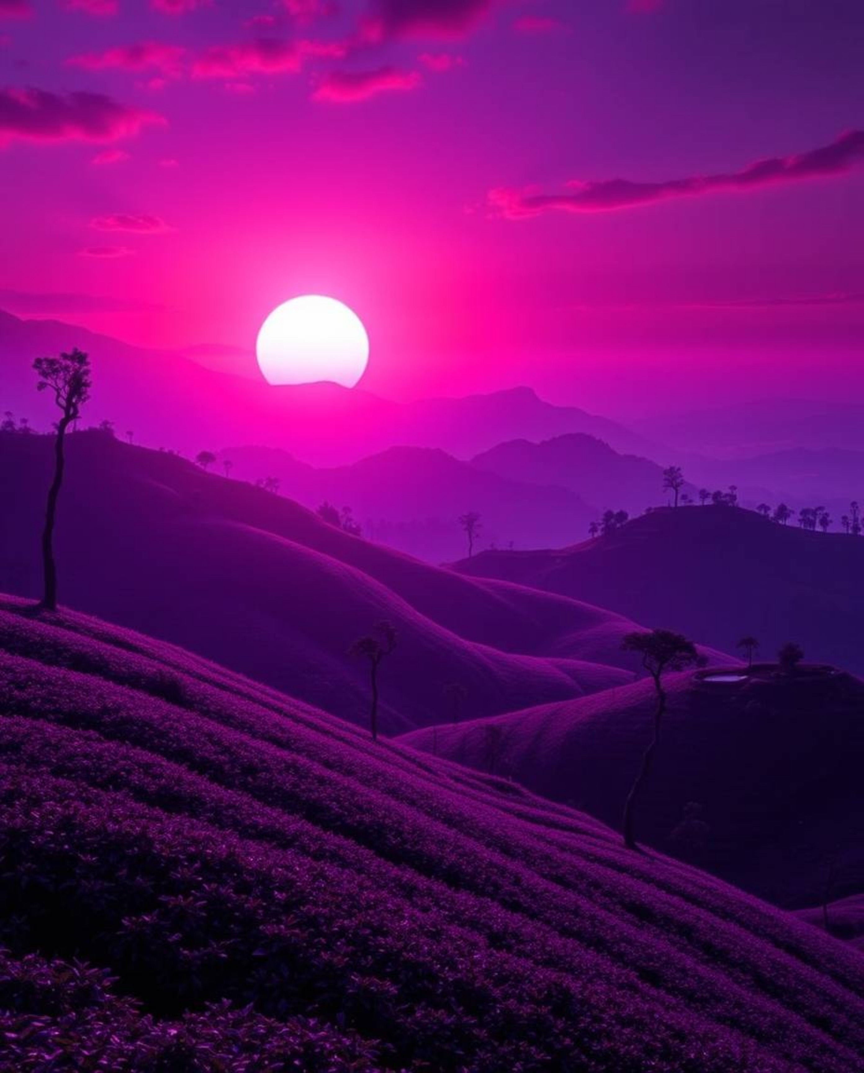 A futuristic sci-fi sunset over terraced tea plantations, rendered in deep ultraviolet hues. Advanced technology and space el