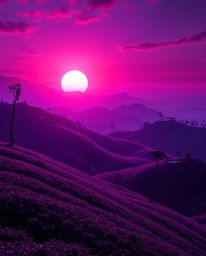 A futuristic sci-fi sunset over terraced tea plantations, rendered in deep ultraviolet hues. Advanced technology and space el