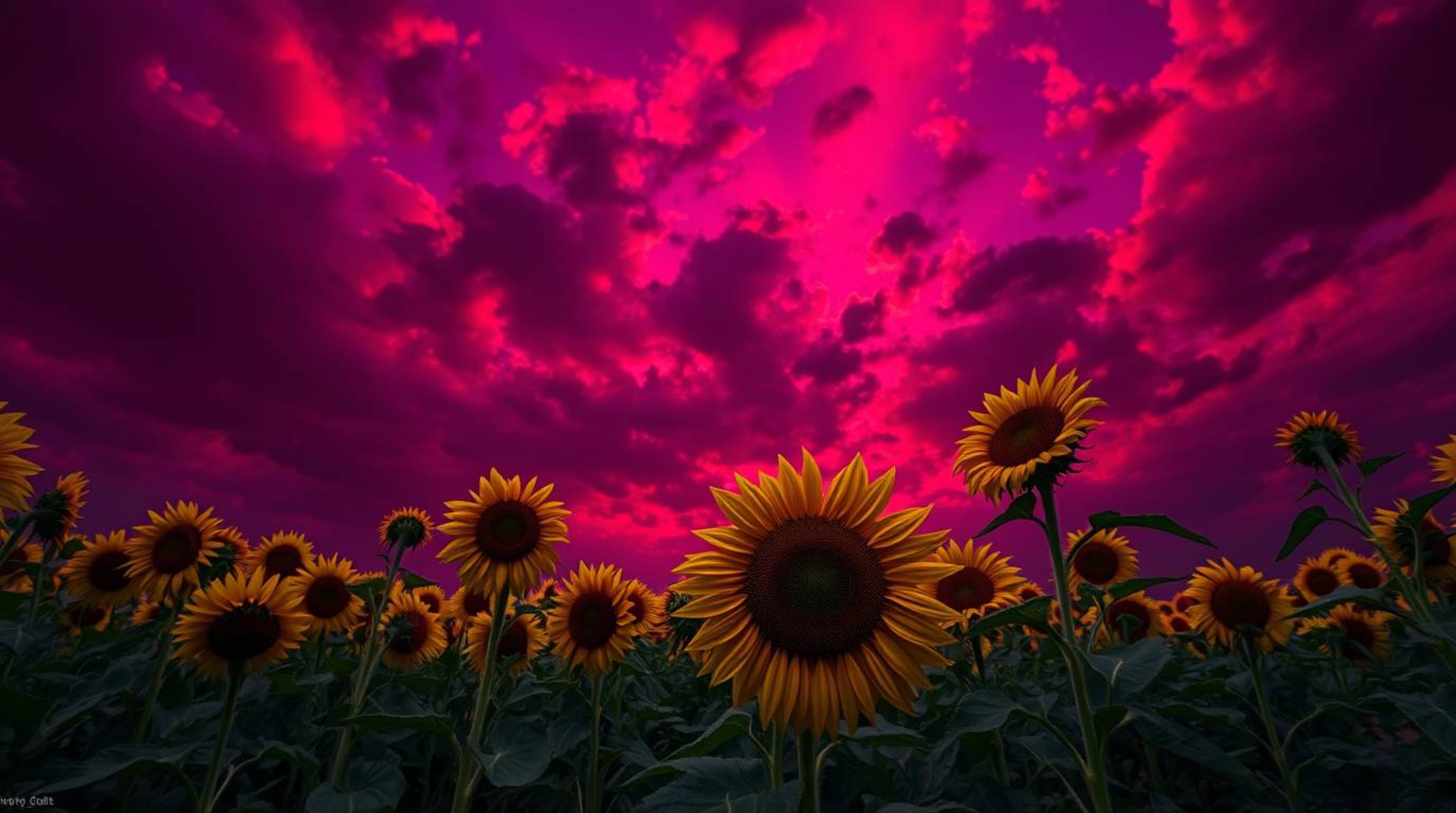 Behold a breathtaking, surreal landscape: a vast sunflower field bathed in the dramatic glow of a deep red and purple sunset.