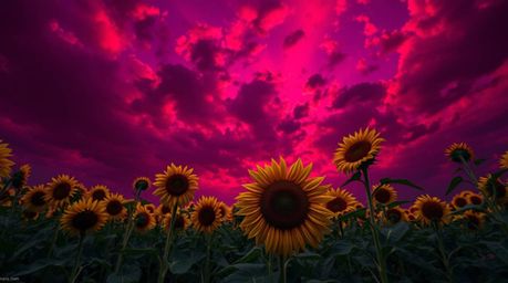 Behold a breathtaking, surreal landscape: a vast sunflower field bathed in the dramatic glow of a deep red and purple sunset.