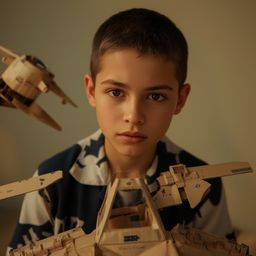 A captivating high-fashion photograph showcases a boy with bright, curious eyes meticulously building an intricate cardboard 