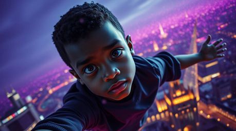 A captivating high-angle perspective captures a young boy with striking features and dark skin soaring above London, bathed i