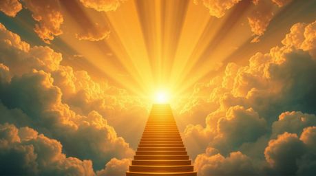 A captivating digital painting depicts a golden staircase ascending through ethereal clouds towards a glowing heavenly realm.